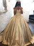 Ball Gown Champagne Gold Satin Appliques Lace Prom Dresses LBQ1842